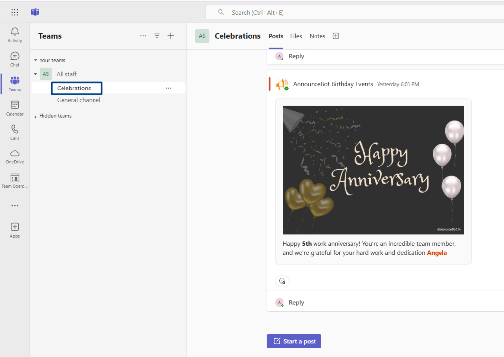Customize birthday messages and e-cards for Teams channels with AnnounceBot